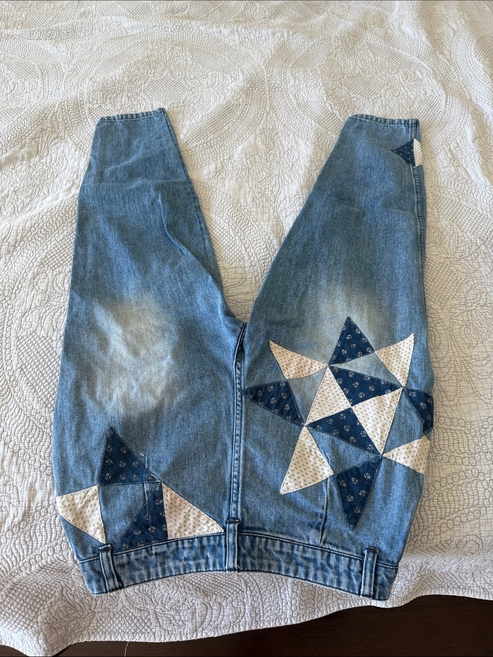We The Free Light Blue Patchwork Boyfriend Jeans with Navy & Cream Stars